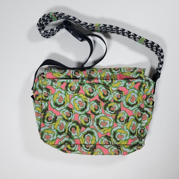Kavu Medium Crossbody Bag Green Pink Floral Abstract Cotton Outdoors Rope Strap - Picture 3 of 12